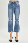 HIGH RISE UNEVEN HEM JEANS