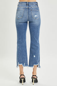 HIGH RISE UNEVEN HEM JEANS