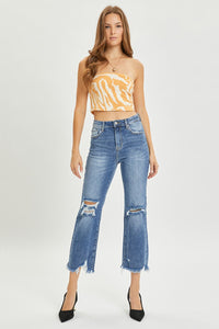 HIGH RISE UNEVEN HEM JEANS