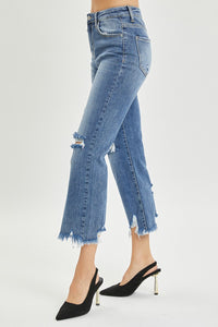 HIGH RISE UNEVEN HEM JEANS