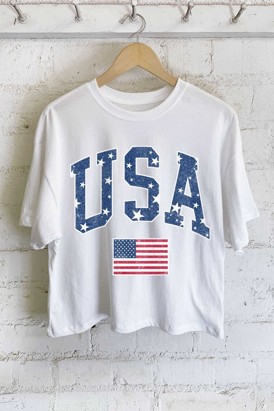 USA STAR FLAG GRAPHIC LONG CROP TOP