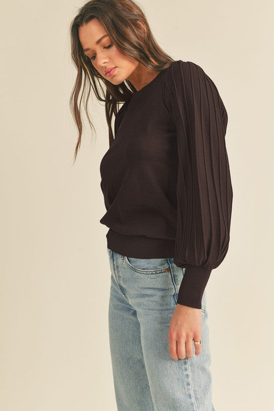 BROWN STRIPED SLEEVE SWEATER
