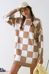 TAUPE CHECKERED MOCK NECK SWEATER DRESS