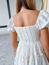 STRIPED FLORAL PUFF SLEEVE MINI DRESS