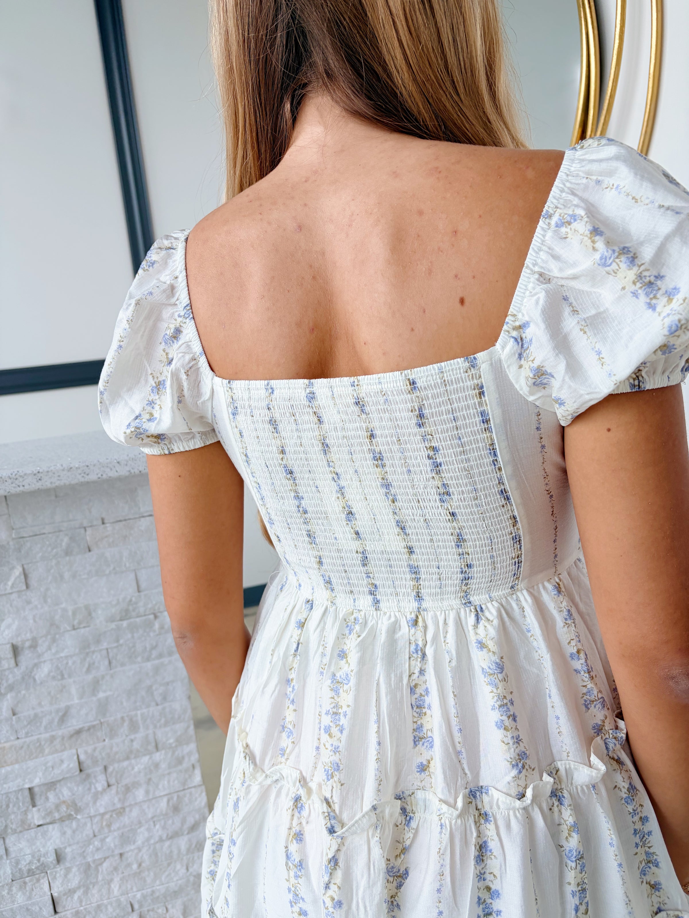 STRIPED FLORAL PUFF SLEEVE MINI DRESS