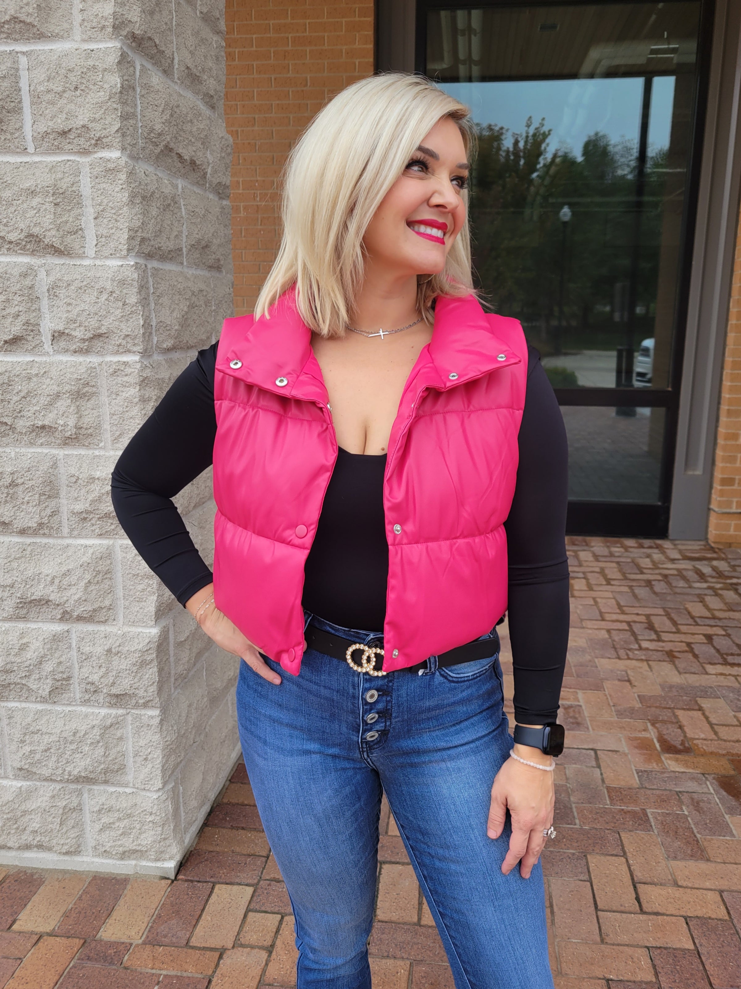 FUCHSIA CROPPED LEATHER PUFFER VEST