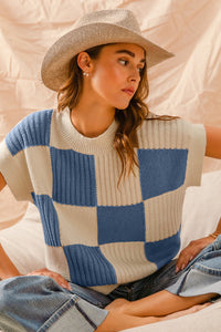 CHECKERED SHORT SLEEVE SWEATER