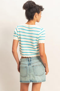 STRIPED SHORT SLEEVE CARDIGAN WITH SCALLOP EDGE