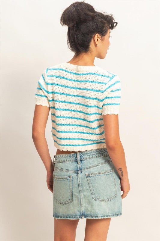 STRIPED SHORT SLEEVE CARDIGAN WITH SCALLOP EDGE