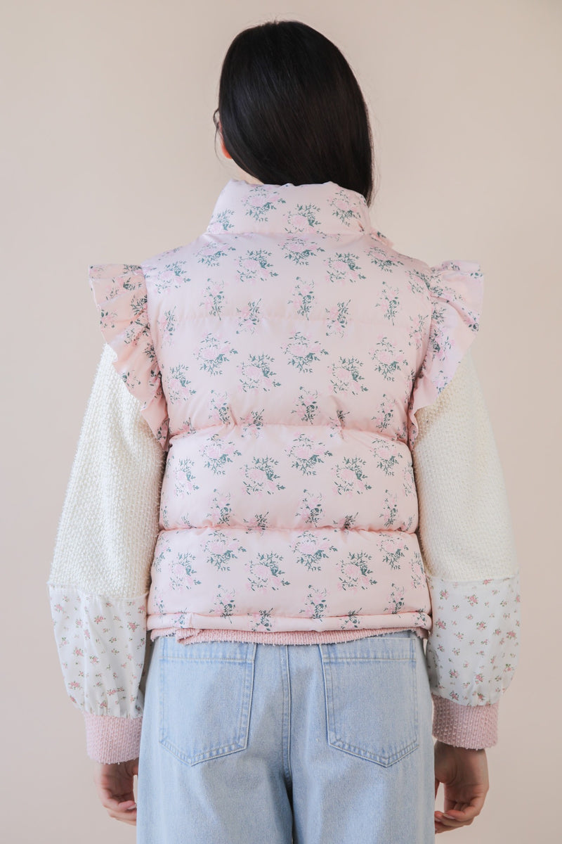 BOW RUFFLE SLEEVE PUFFER VEST