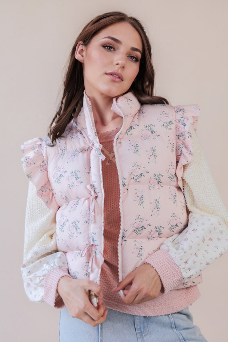 BOW RUFFLE SLEEVE PUFFER VEST