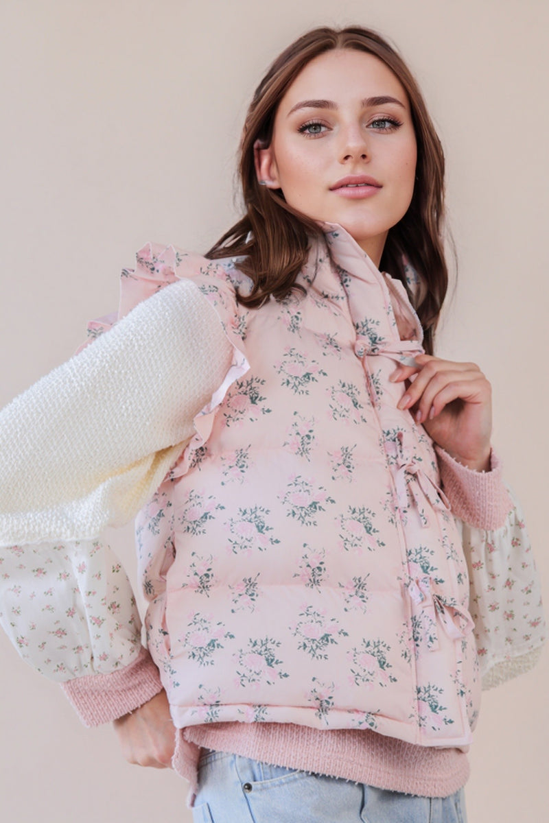 BOW RUFFLE SLEEVE PUFFER VEST