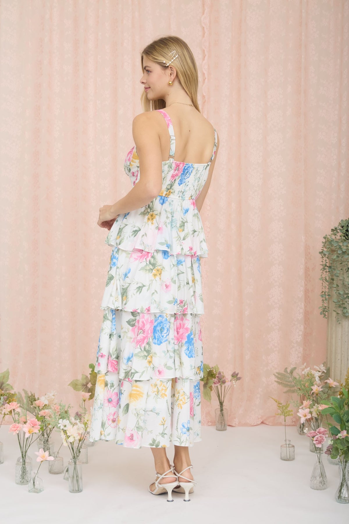 RUFFLE TIERED MIDI DRESS