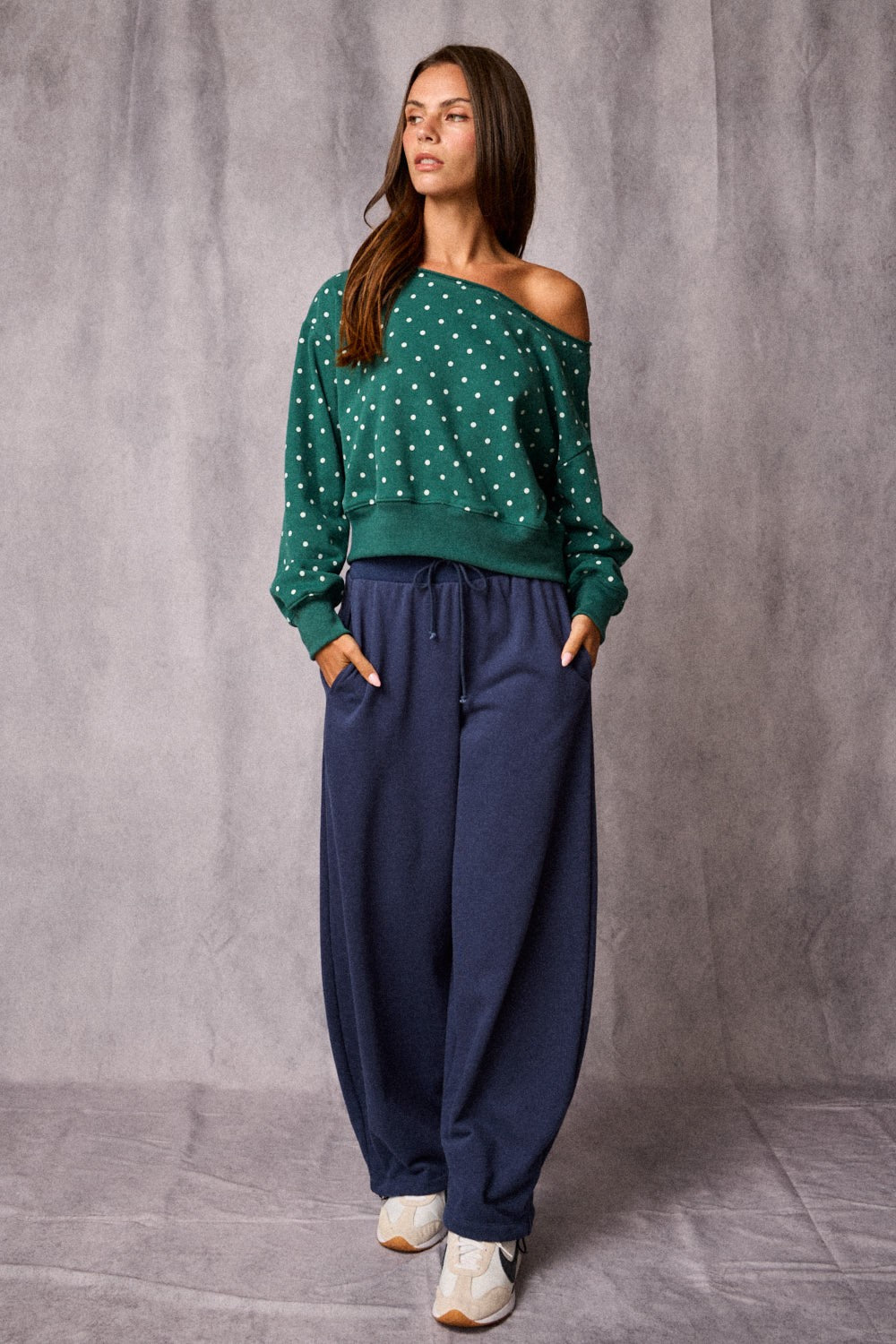 OFF SHOULDER POLKA DOT SWEATER
