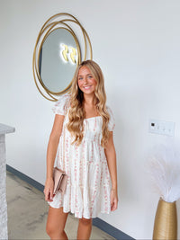 STRIPED FLORAL PUFF SLEEVE MINI DRESS