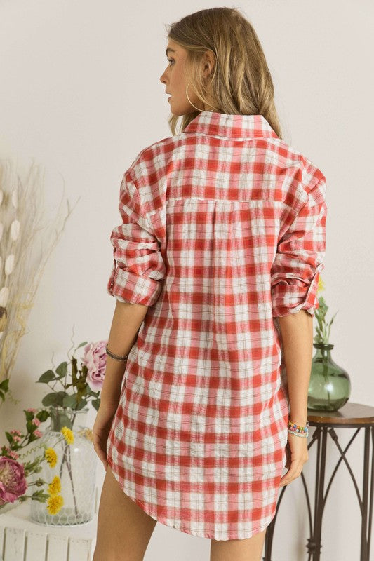 RED BUTTON DOWN PLAID SHIRT