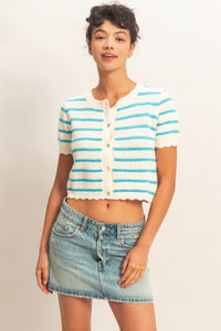 STRIPED SHORT SLEEVE CARDIGAN WITH SCALLOP EDGE