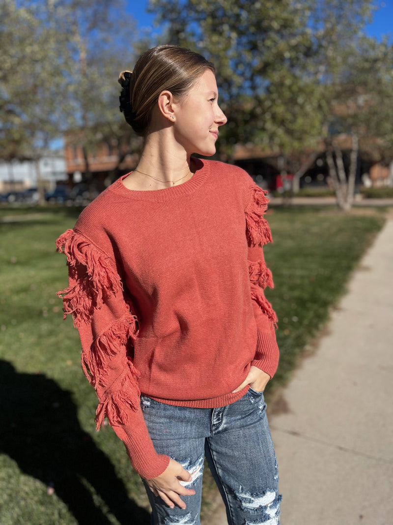 RUST TASSEL SLEEVE SWEATER