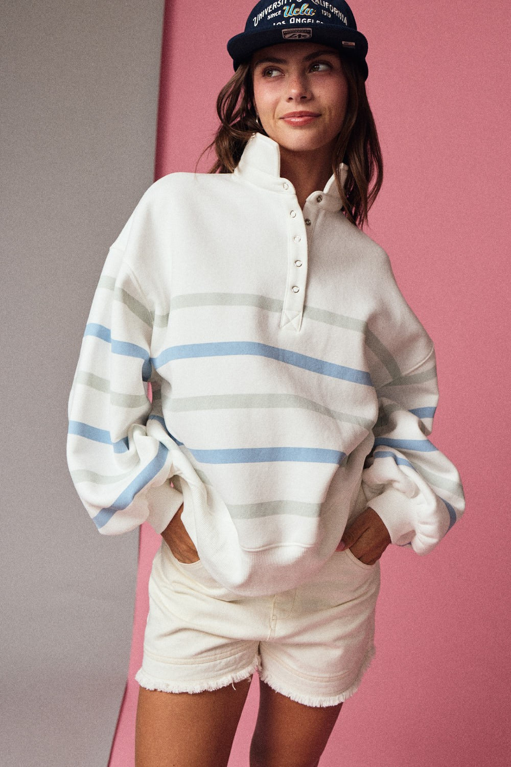 STRIPED MOCK NECK PULLOVER