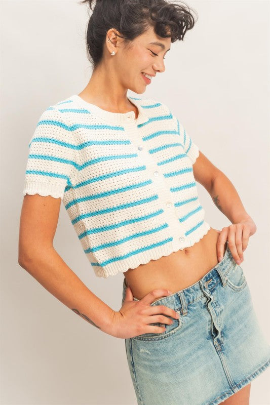 STRIPED SHORT SLEEVE CARDIGAN WITH SCALLOP EDGE
