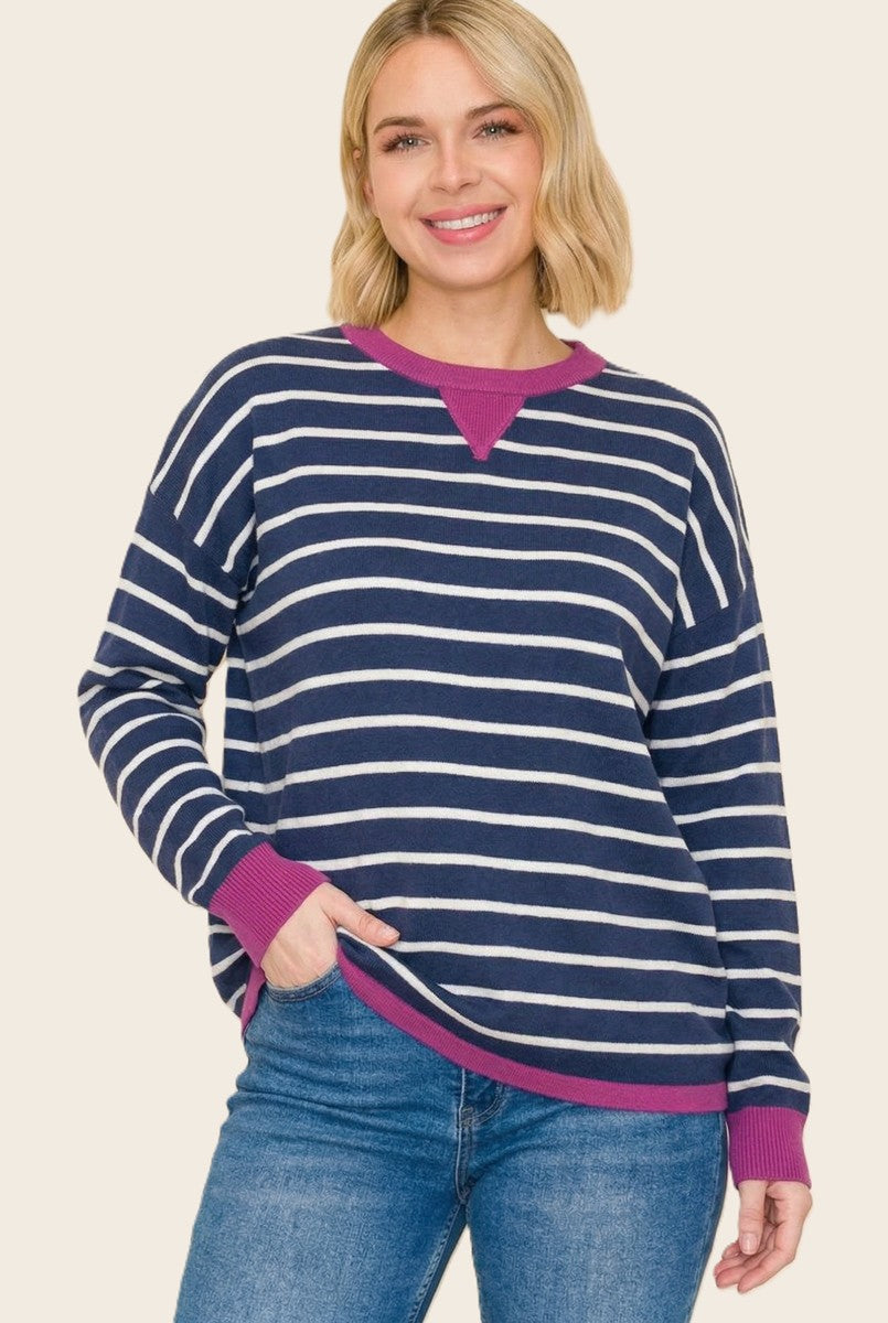 COLOR CONTRASTED STRIPED SWEATER