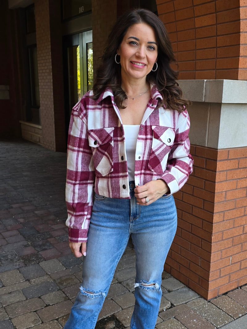 PLAID CROP BUTTON DOWN JACKET
