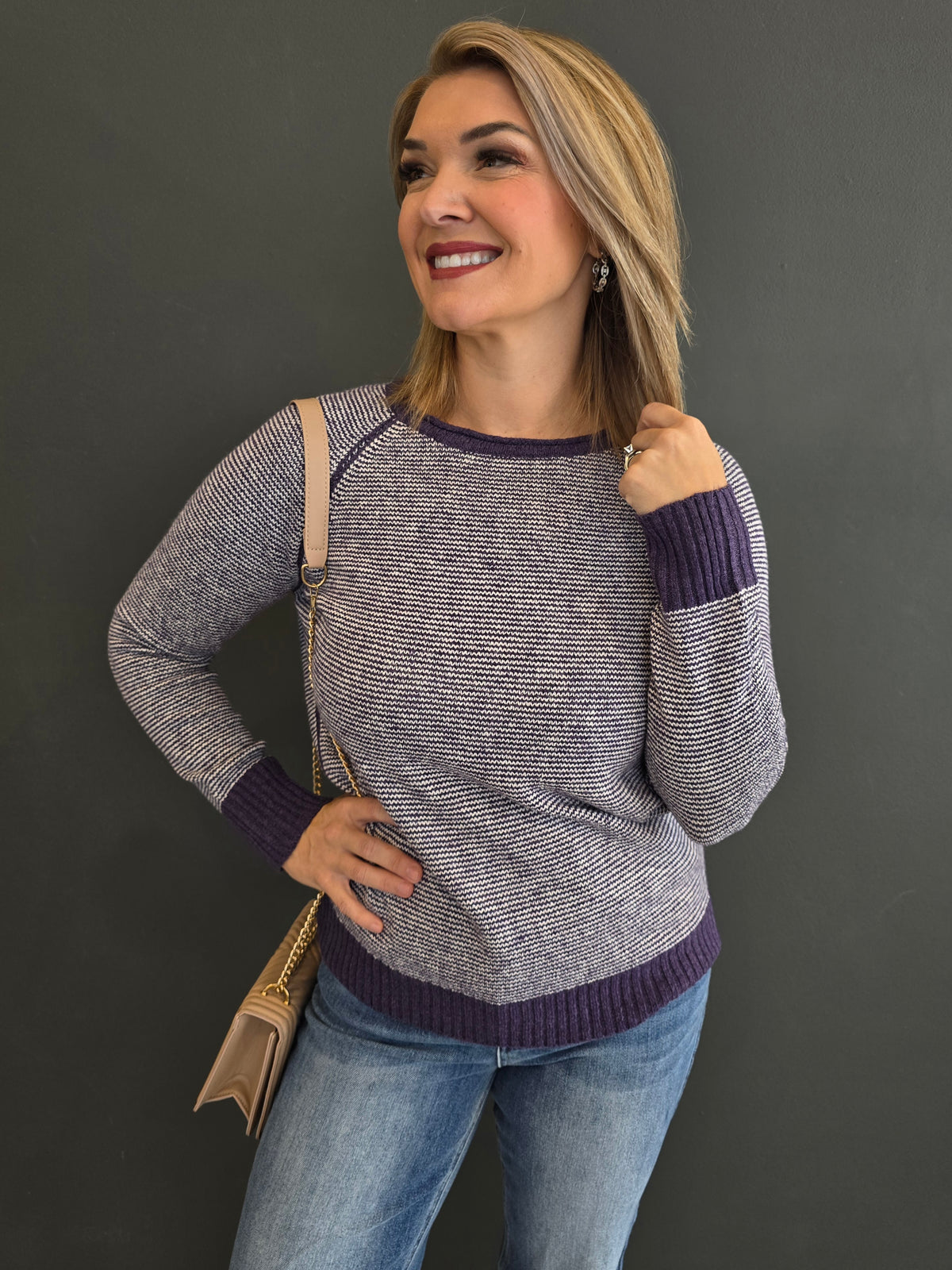 TRIMMED PINSTRIPE SWEATER