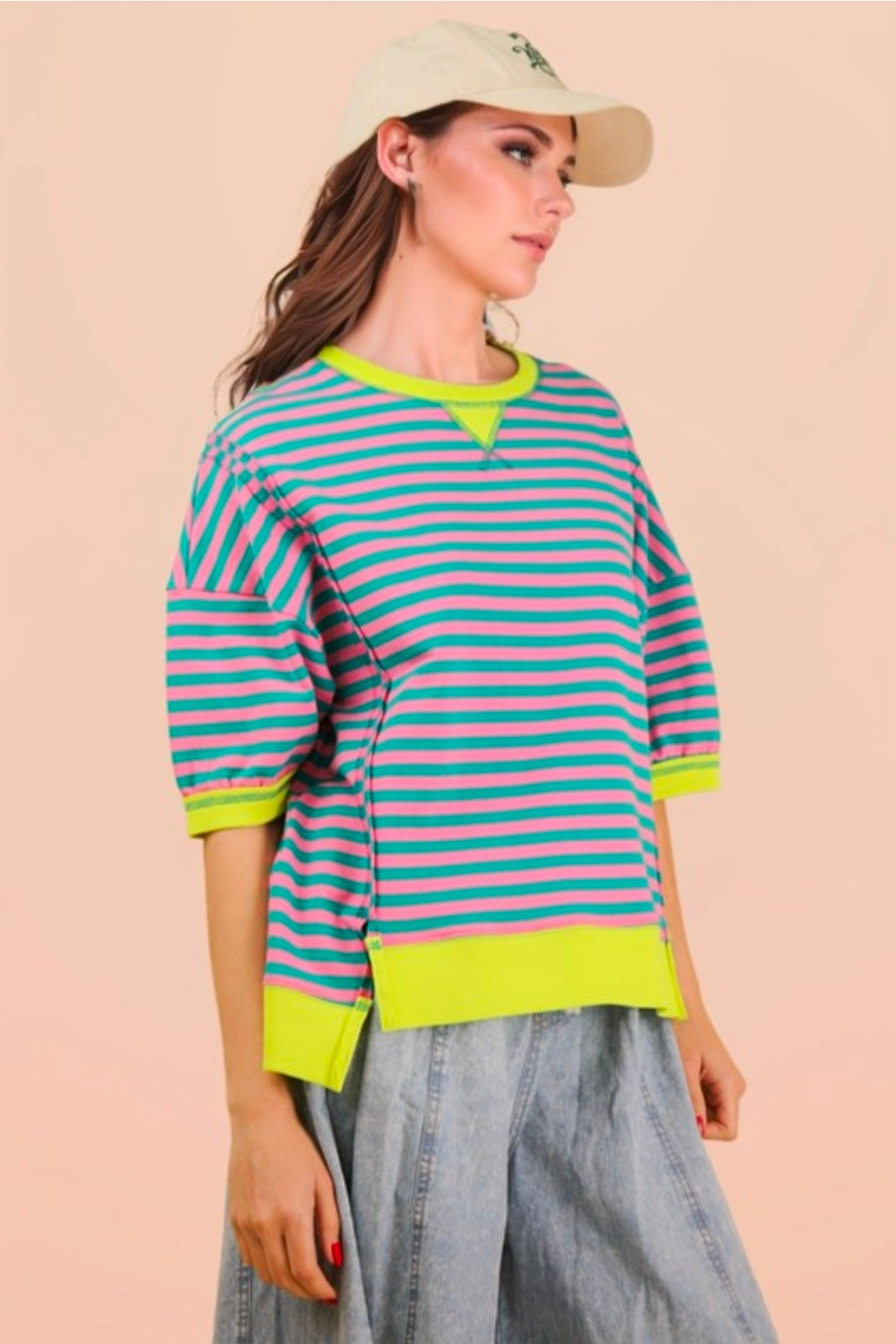STRIPED CROP TEE WITH TRIM