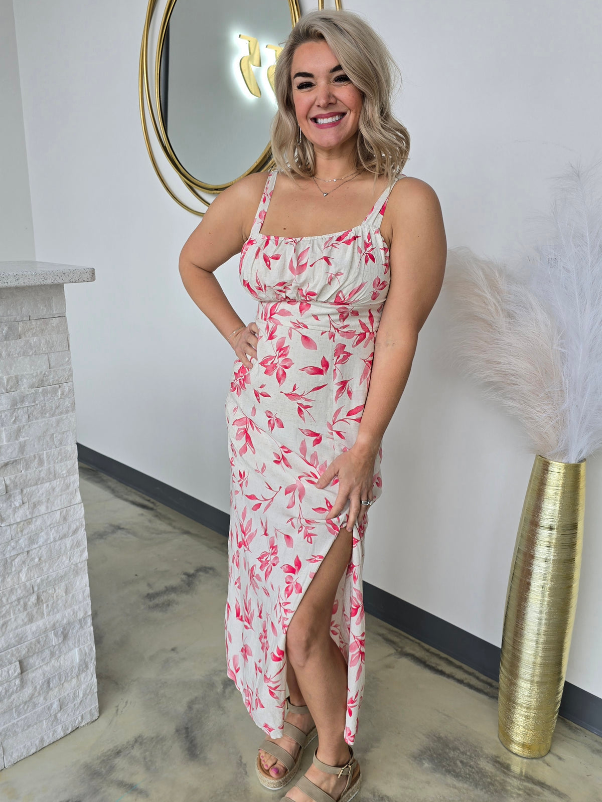 PINK & TAN FLORAL MIDI DRESS