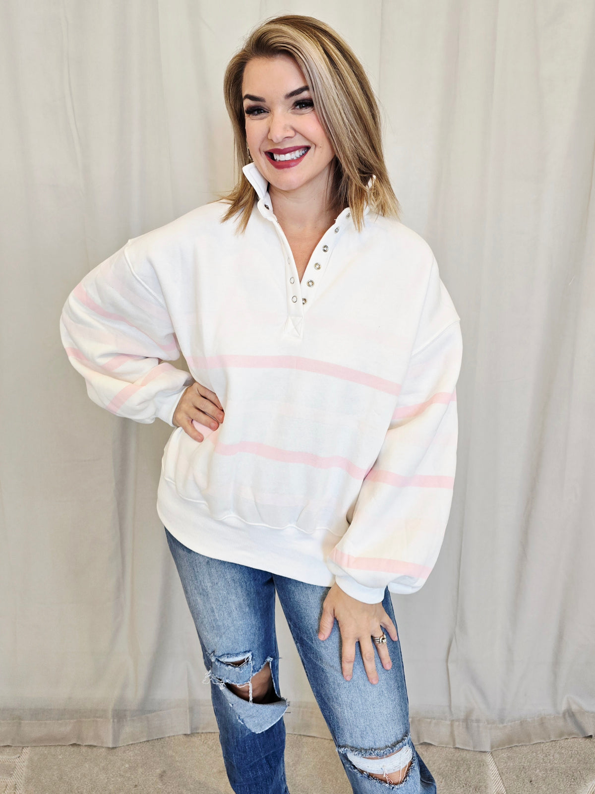 STRIPED MOCK NECK PULLOVER