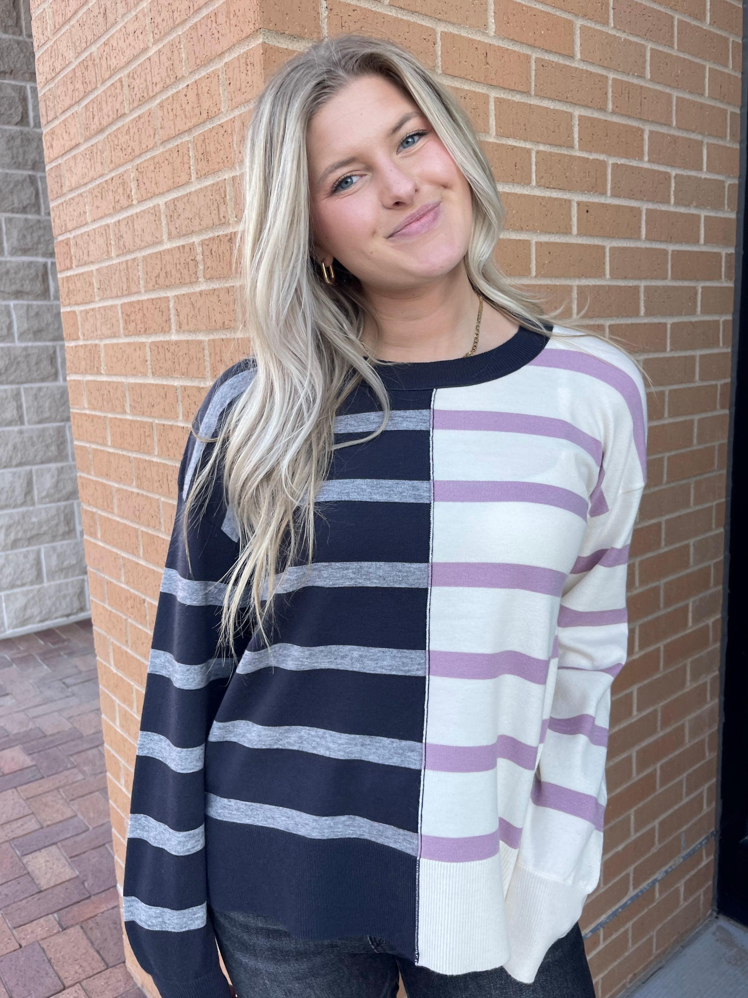 PURPLE/BLACK STRIPED SWEATER