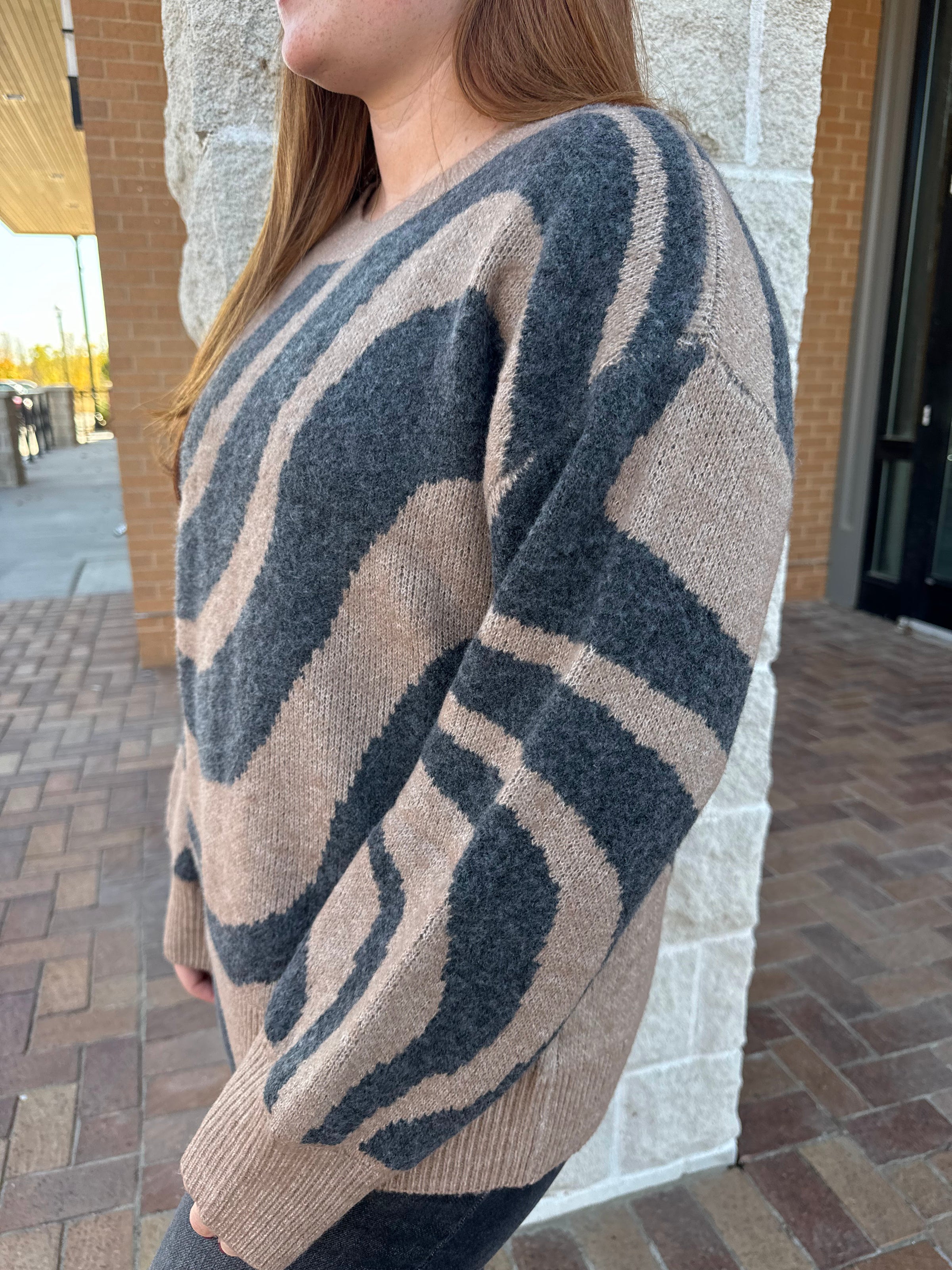 ZEBRA PRINT LONG SLEEVE KNIT SWEATER