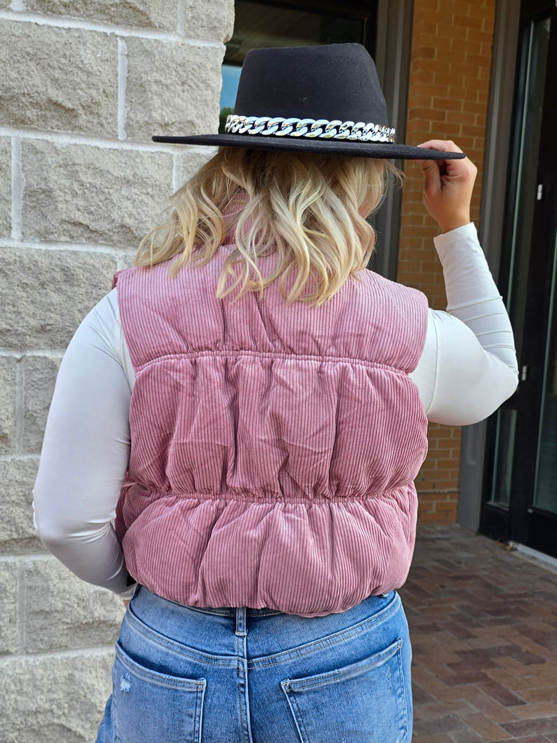 CORDUROY ZIP UP PUFFER VEST WITH POCKETS