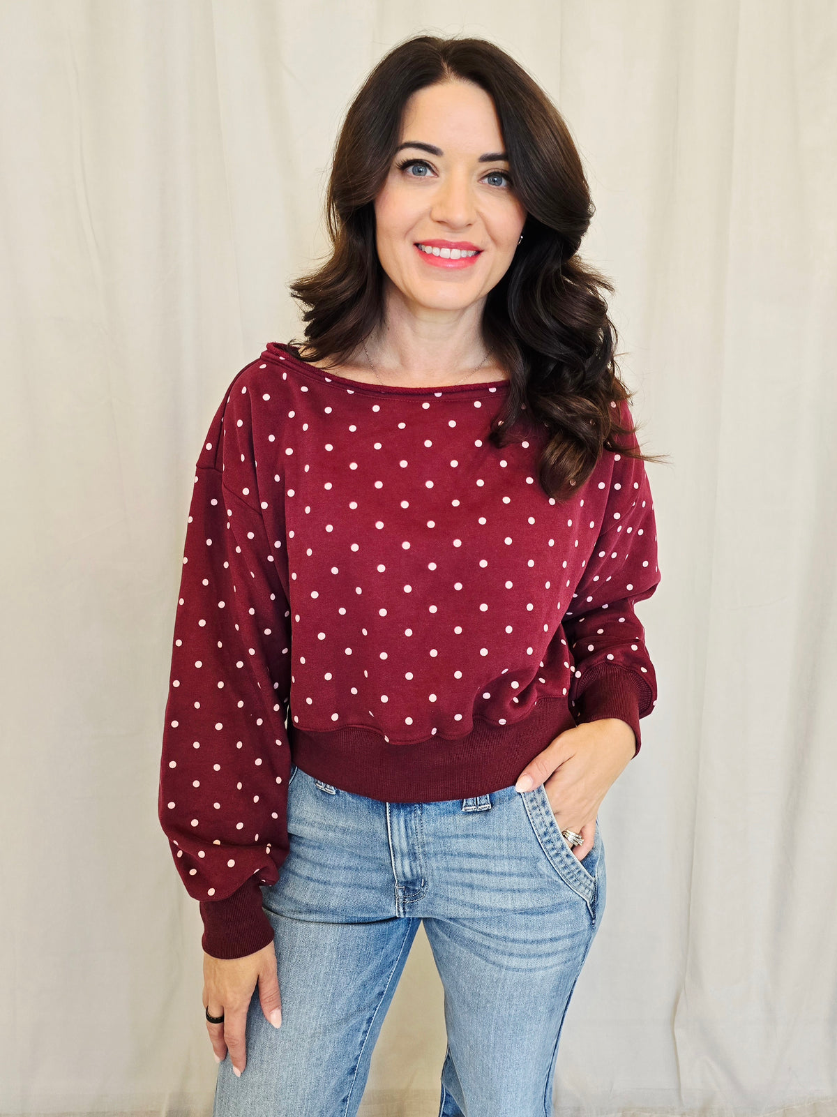 OFF SHOULDER POLKA DOT SWEATER
