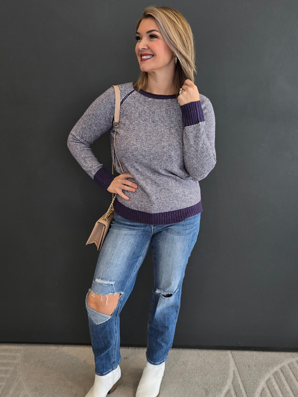TRIMMED PINSTRIPE SWEATER