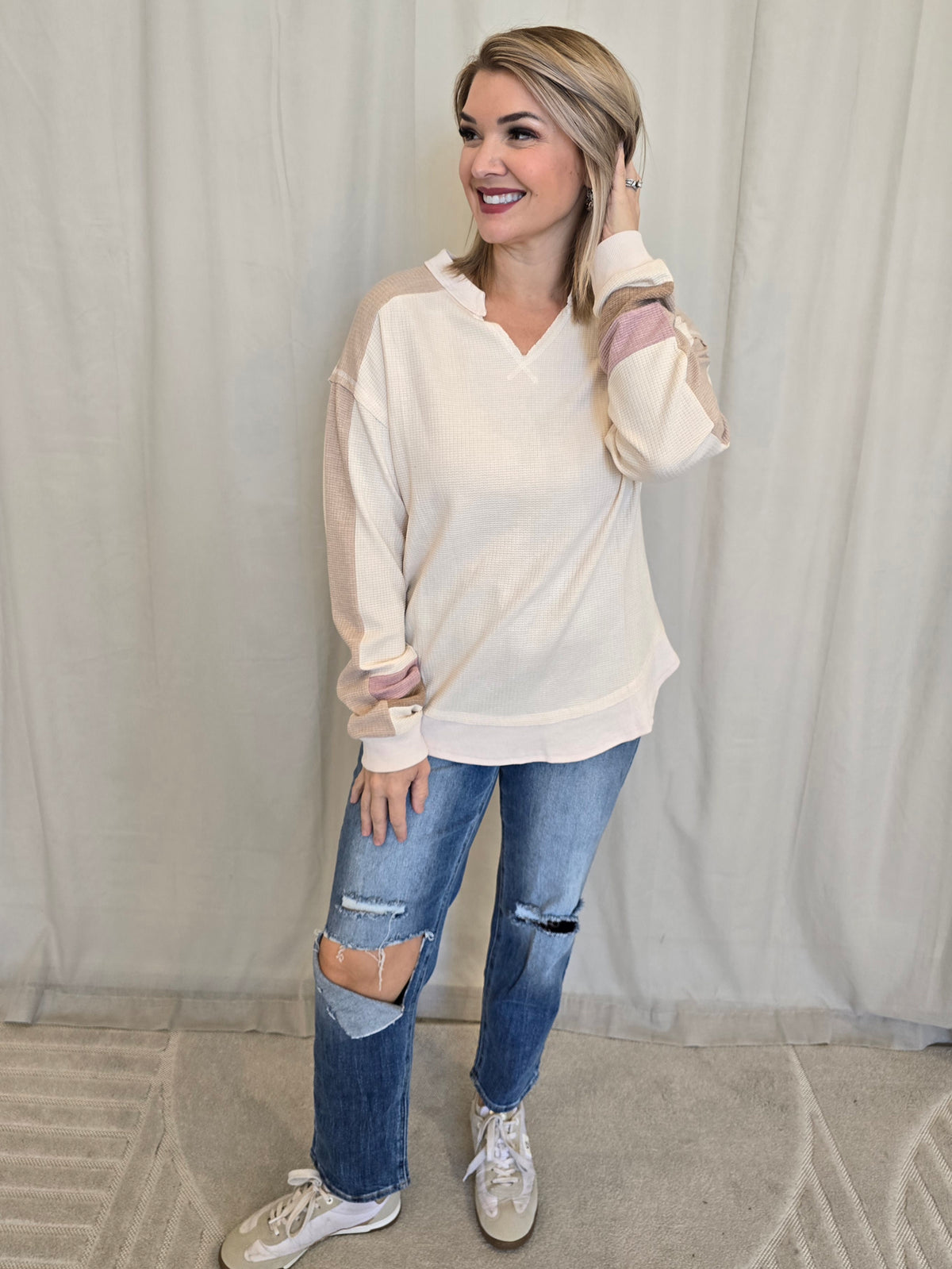 COLOR BLOCK WAFFLE SWEATER