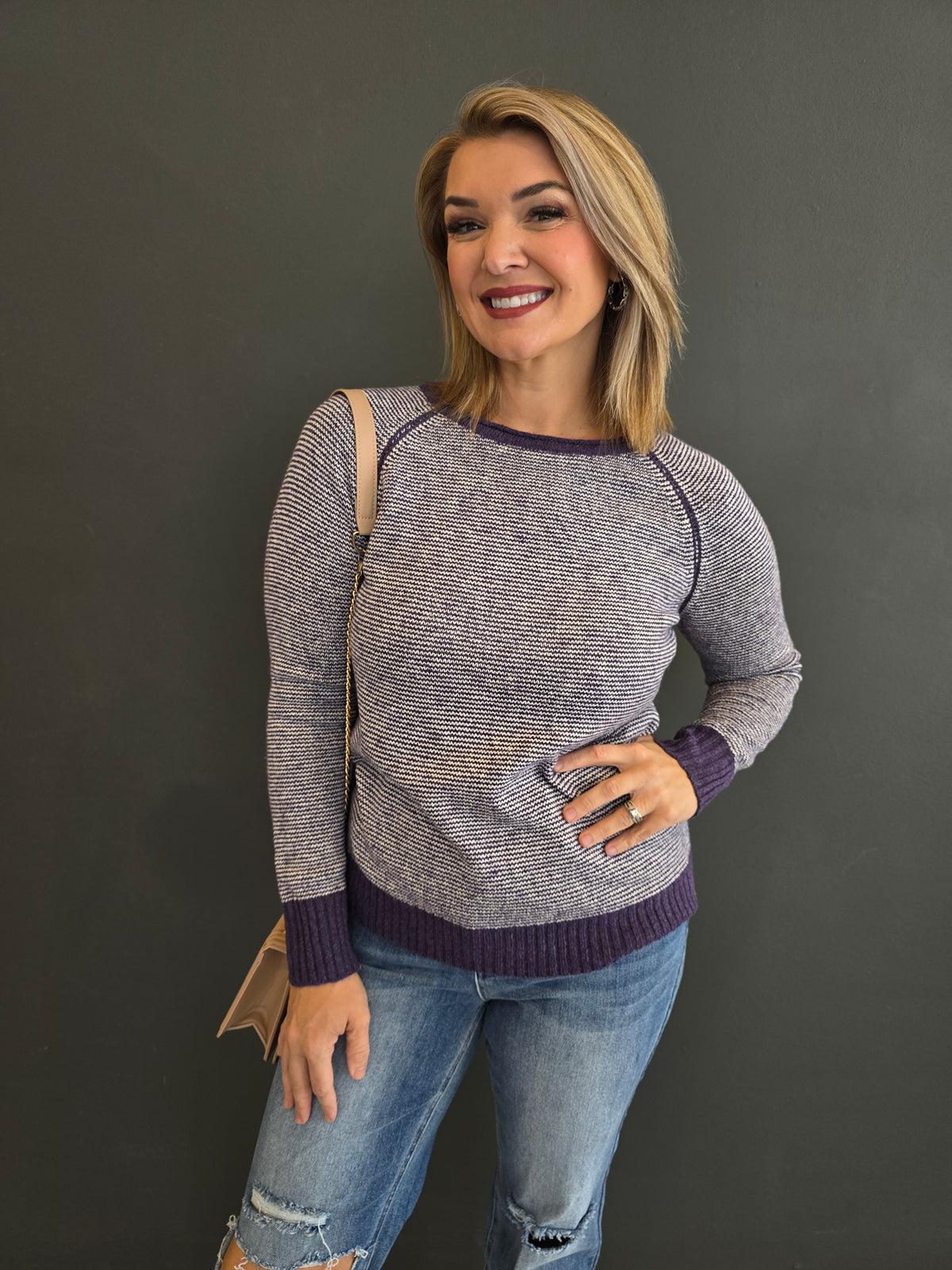 TRIMMED PINSTRIPE SWEATER