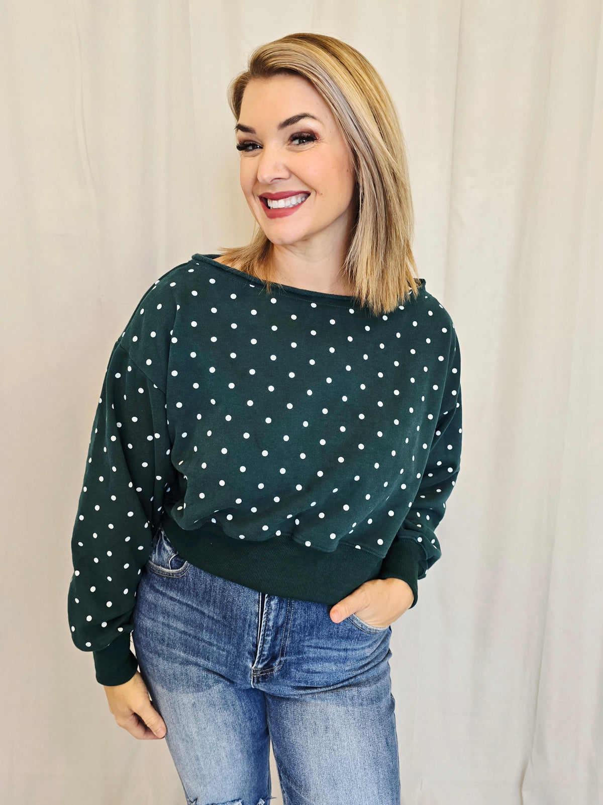 OFF SHOULDER POLKA DOT SWEATER