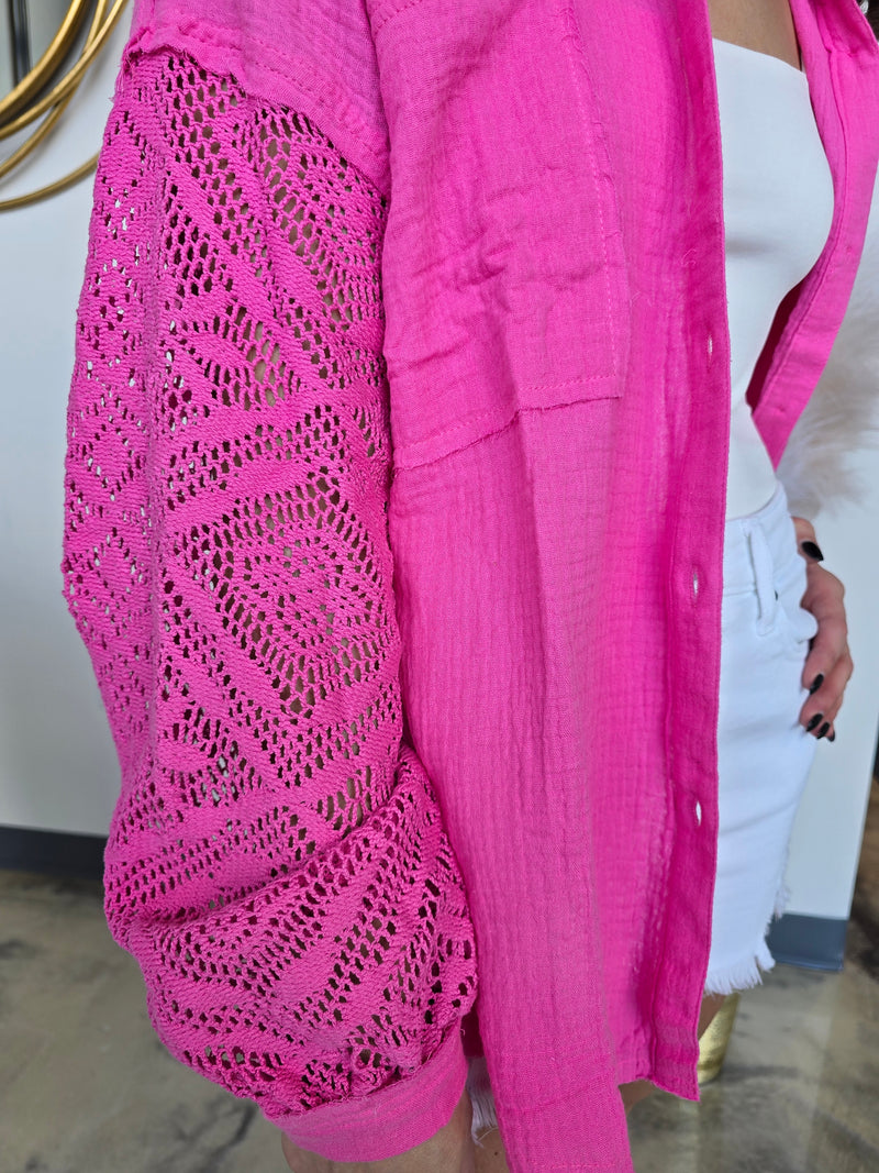 CROCHET SLEEVE BUTTON DOWN SHIRT