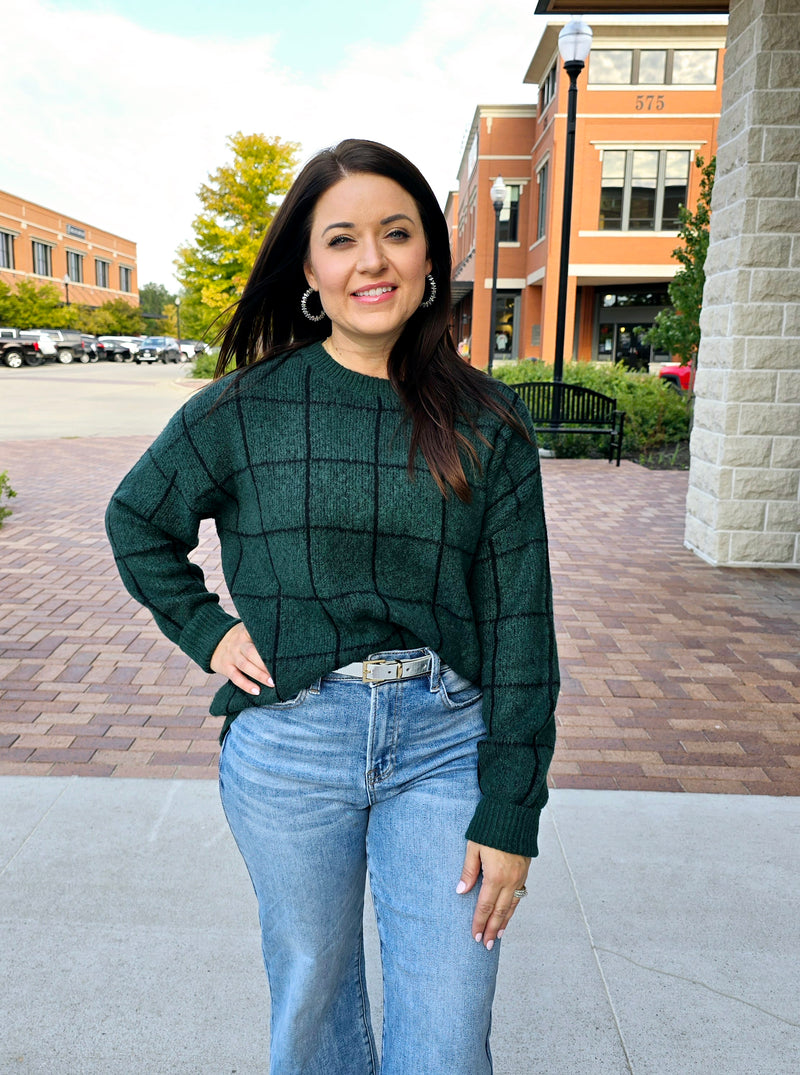 HUNTER GREEN GRID PRINT SWEATER