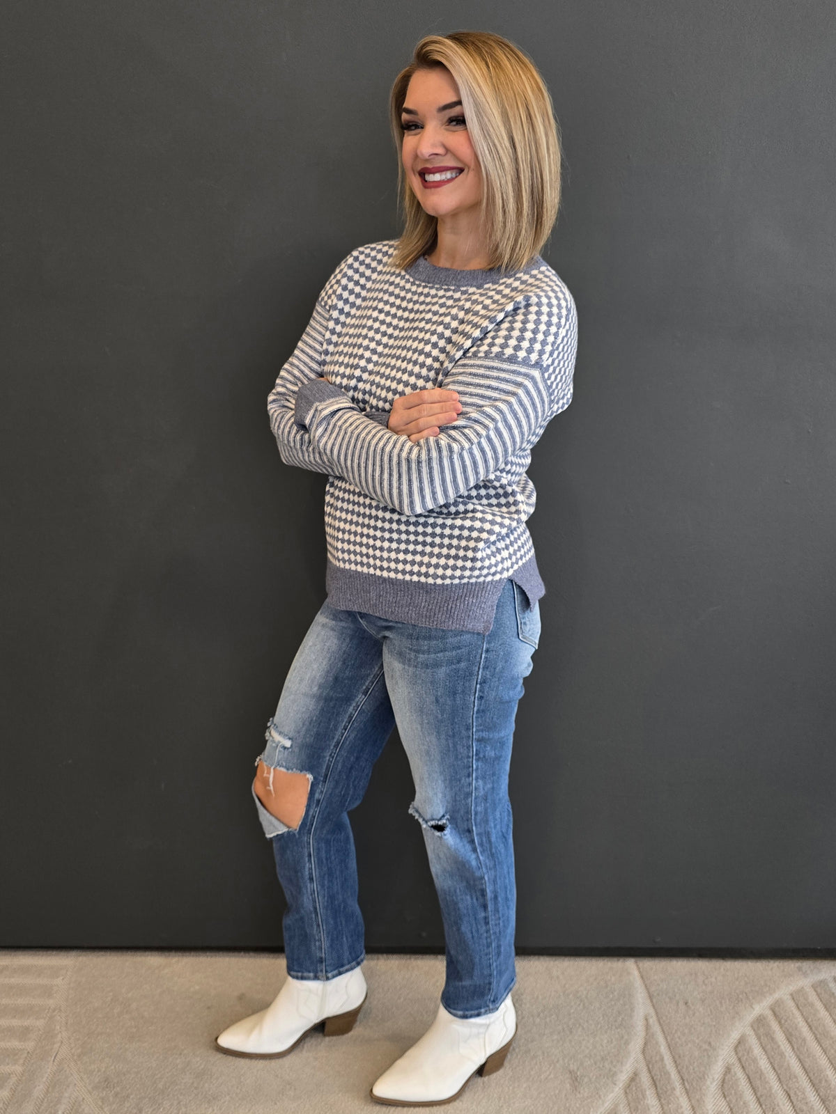 CHECKERED STRIPE SWEATER