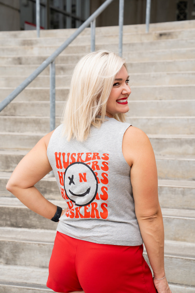 GREY HUSKERS SMILEY FACE TANK