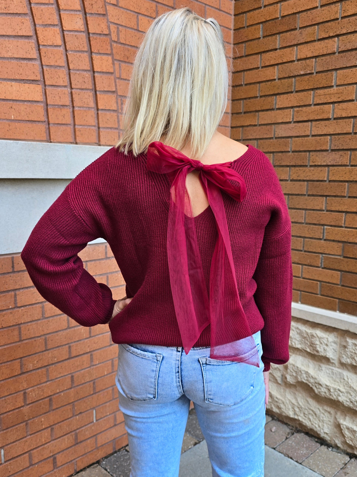 MESH BACK BOW TIE SWEATER
