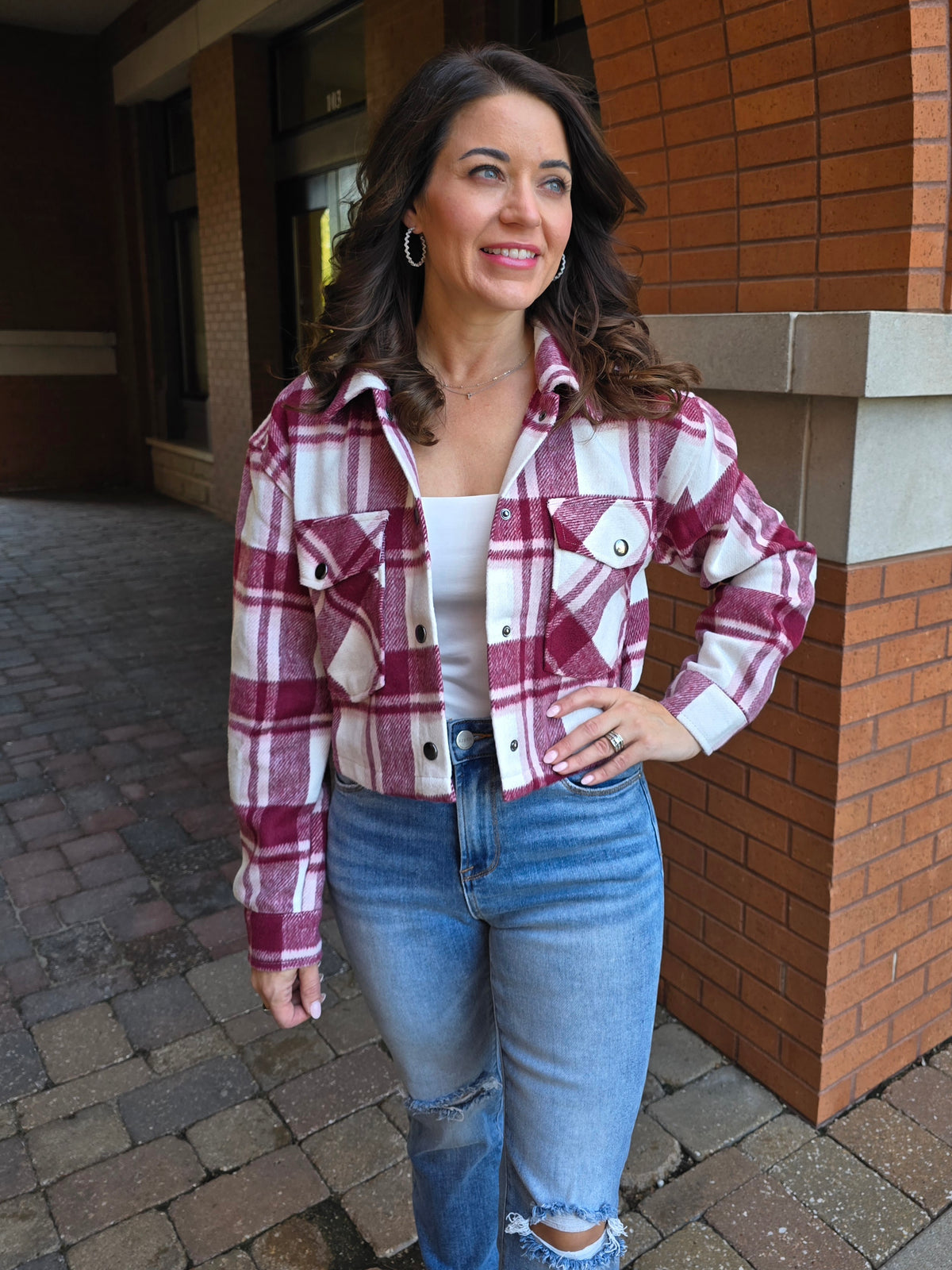 PLAID CROP BUTTON DOWN JACKET