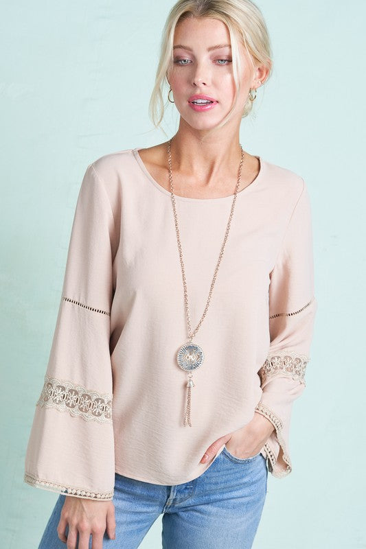 TAUPE BELL SLEEVE LACE DETAIL TOP