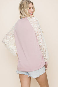 BLUSH FRENCH TERRY PULLOVER WITH LACE SLEEVES TOP