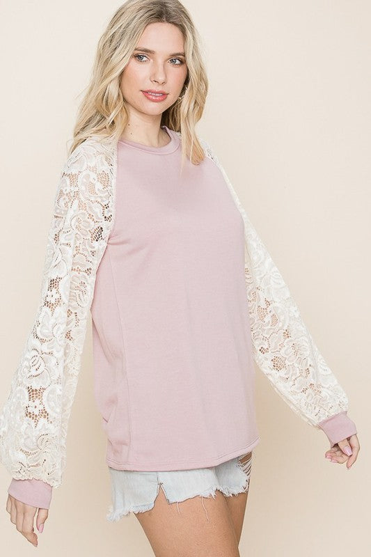 BLUSH FRENCH TERRY PULLOVER WITH LACE SLEEVES TOP