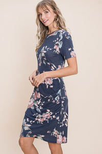 NAVY AND FLORAL RUCHED DRESS