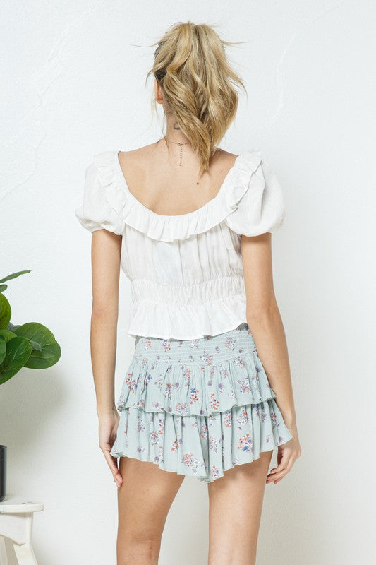FLORAL SMOCKED RUFFLE TIERED MINI SKIRT