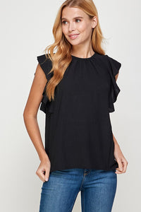 BLACK SOLID RUFFLE BLOUSE